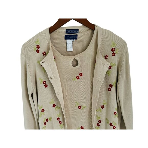 J McLaughlin 100% Silk Beige Twinset With Floral Embroidery & Keyhole Detail - Picture 2 of 13